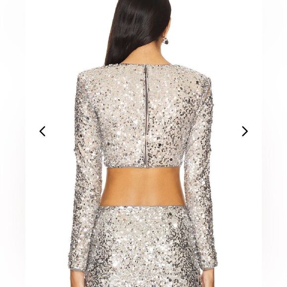 NWT Lovers and Friends CRYSTAL SEQUIN CROPPED TOP silver blouse Revolve S - Picture 3 of 11